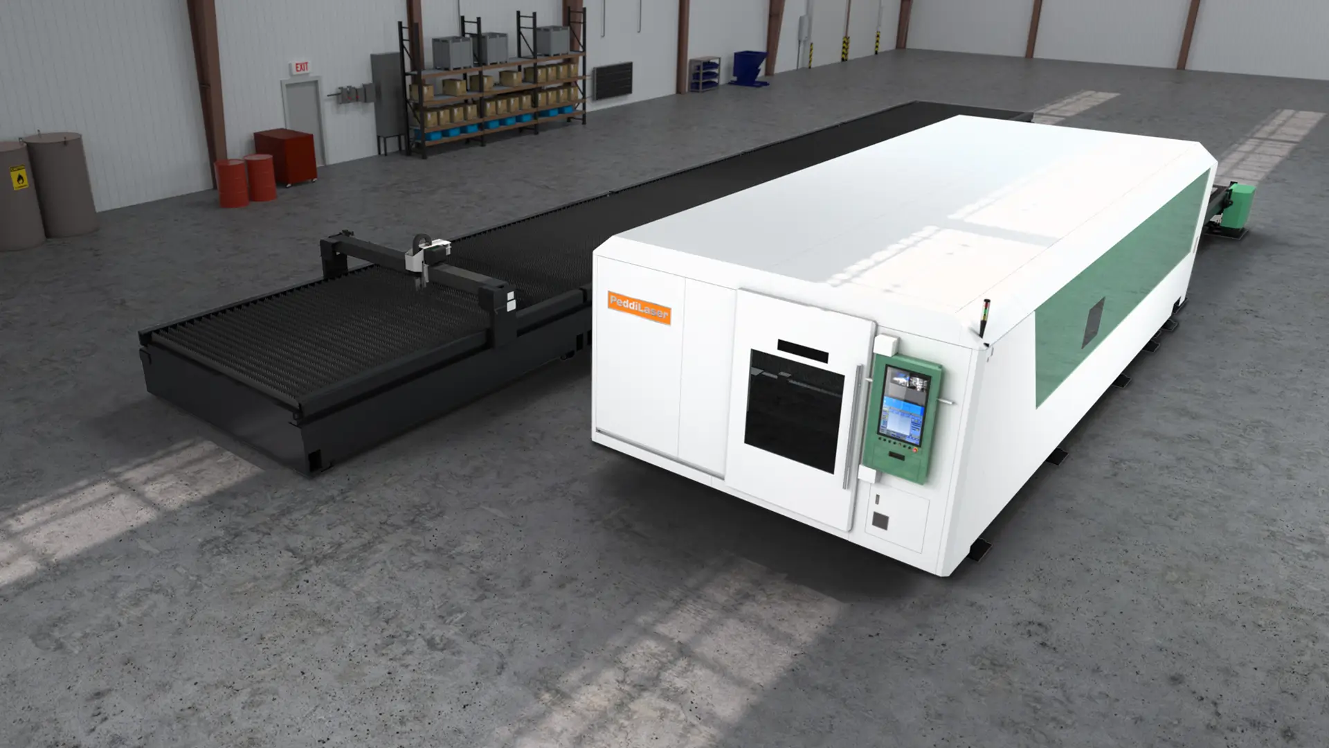 peddibolt laser steel plate cutting machine positioned next to a burntable on a fabrication shop floor