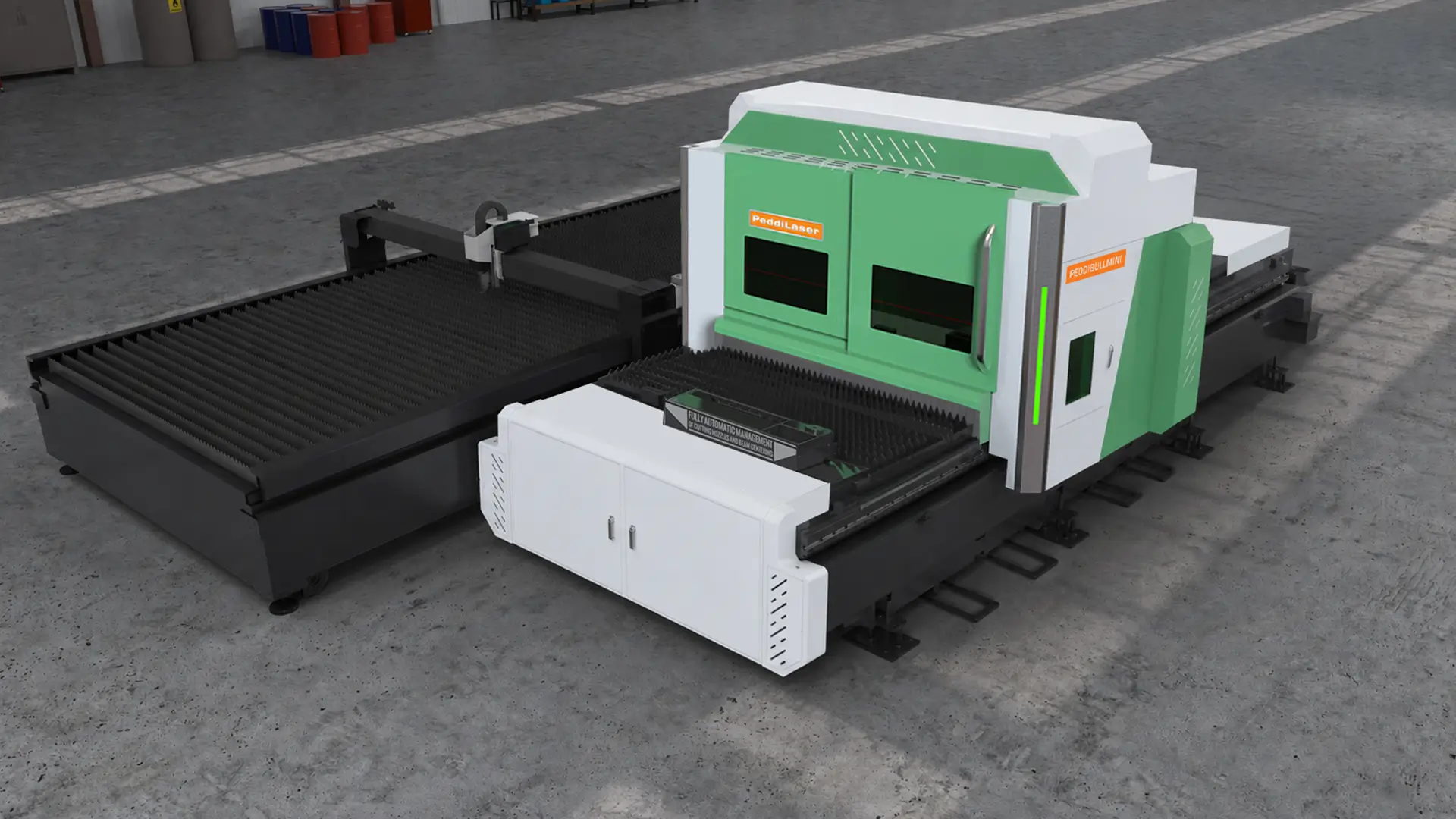 peddibullmini fiber laser metal cutting machine positioned next to a burntable on a fabrication shop floor