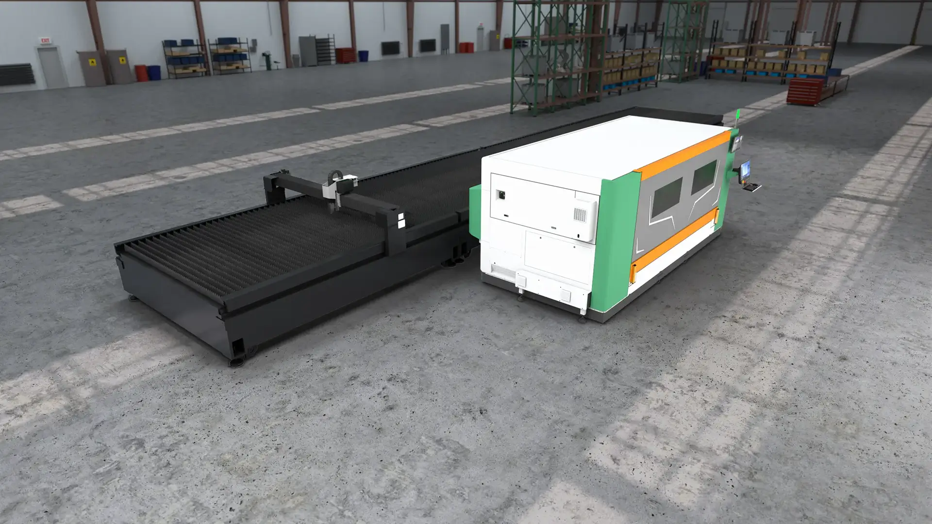 peddim3 laser cnc plate processor positioned next to a burntable on a fabrication shop floor