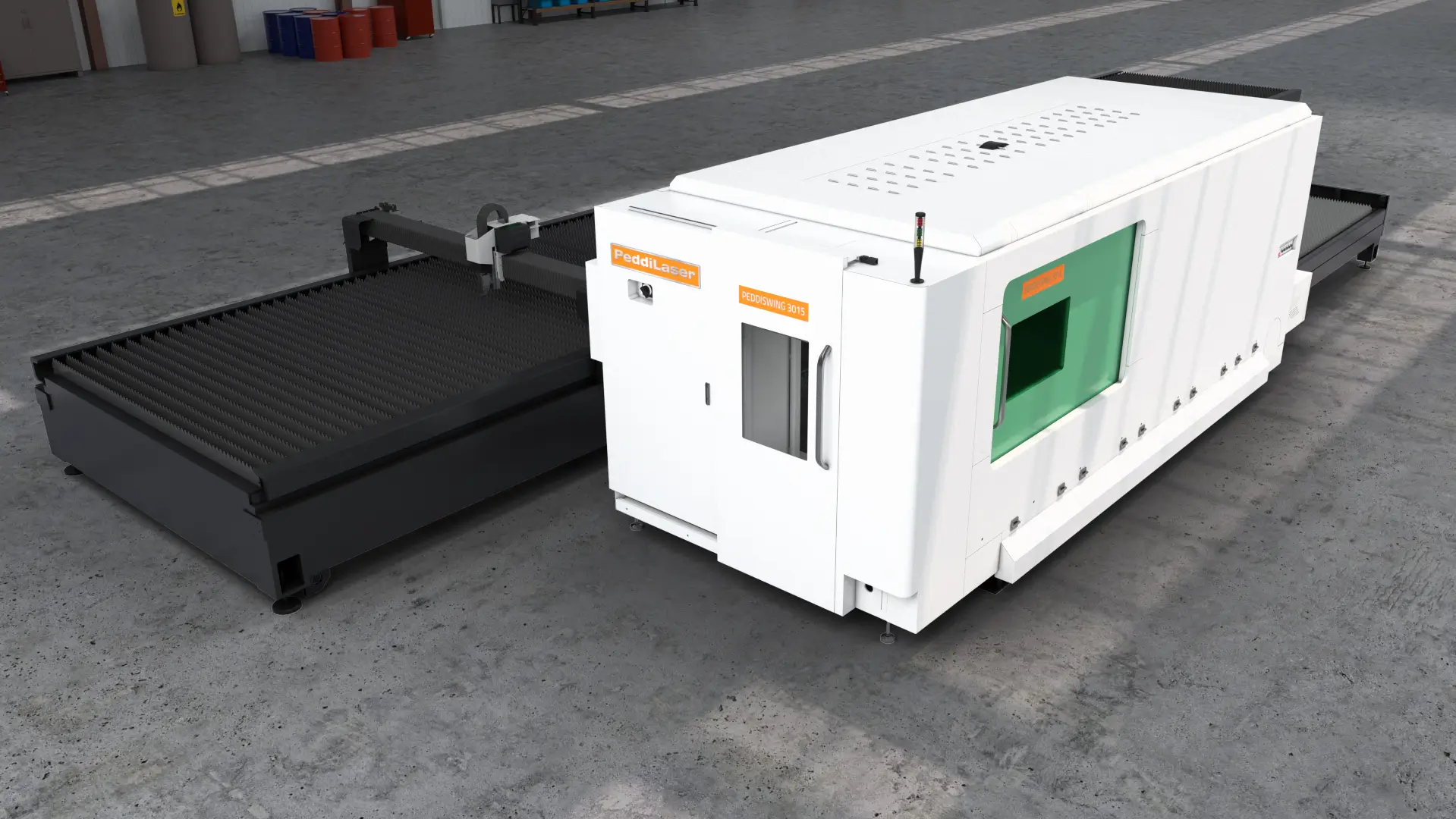 peddiswing laser cutting machine positioned next to a burntable on a fabrication shop floor
